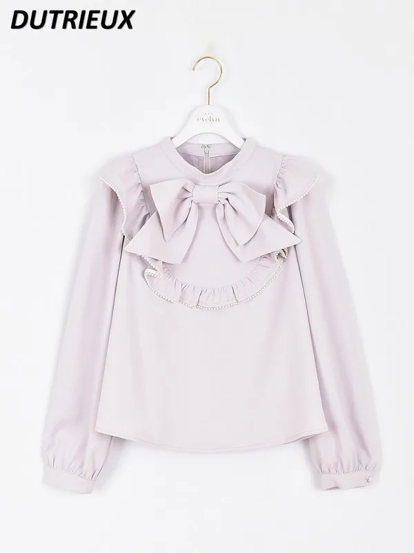 Japanese Mass-Produced Big Bow Long Sleeve Shirt Women Lolita Sweet Bow Gentle All-Match Stand Collar Ruffle White Blouse Top