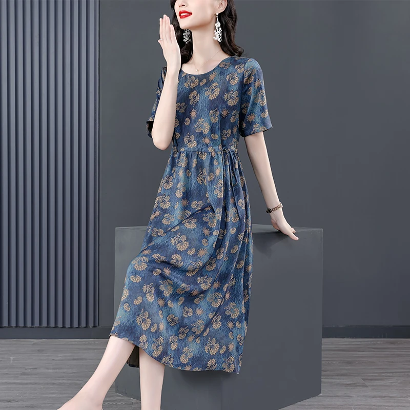 Summer New Floral Natural Silk Midi Casual Dress Women Short Sleeve