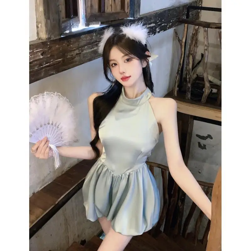 

Korean Dress Backless Bow Blue Sleeveless Halter Playsuit Sexy High Waist Wide Leg Solid Rompers Ladies Sexy Fashion