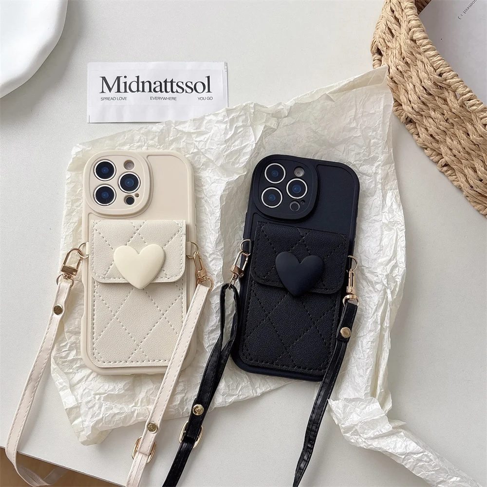 Cute Heart Lanyard Crossbody Necklace Strap Card Holder Phone Case