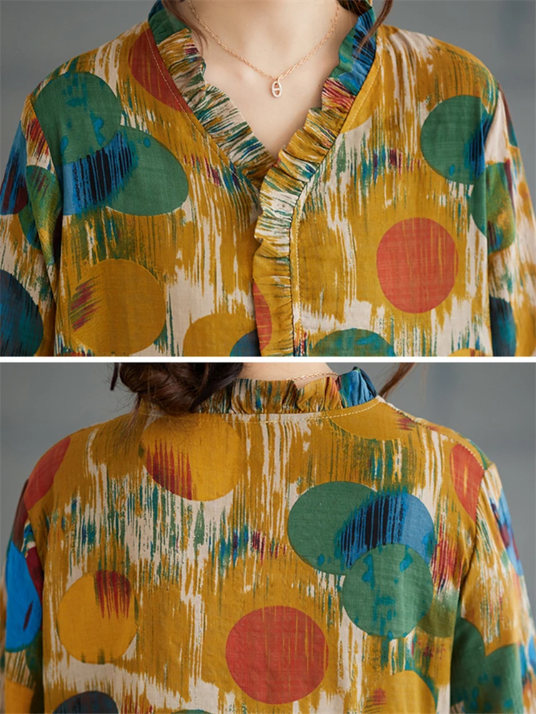 Cotton Vintage Polka Dot V-neck Dress Women Casual Loose Long Sleeve Spring Autumn Dresses Femme Robe Vestidos Elegant Clothing