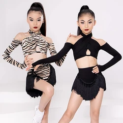 New Girls Latin Dance Dress Set Long Sleeves Leopard Black Fringe Dress Cha Cha Samba Dance Training Performance Clothes BL11322
