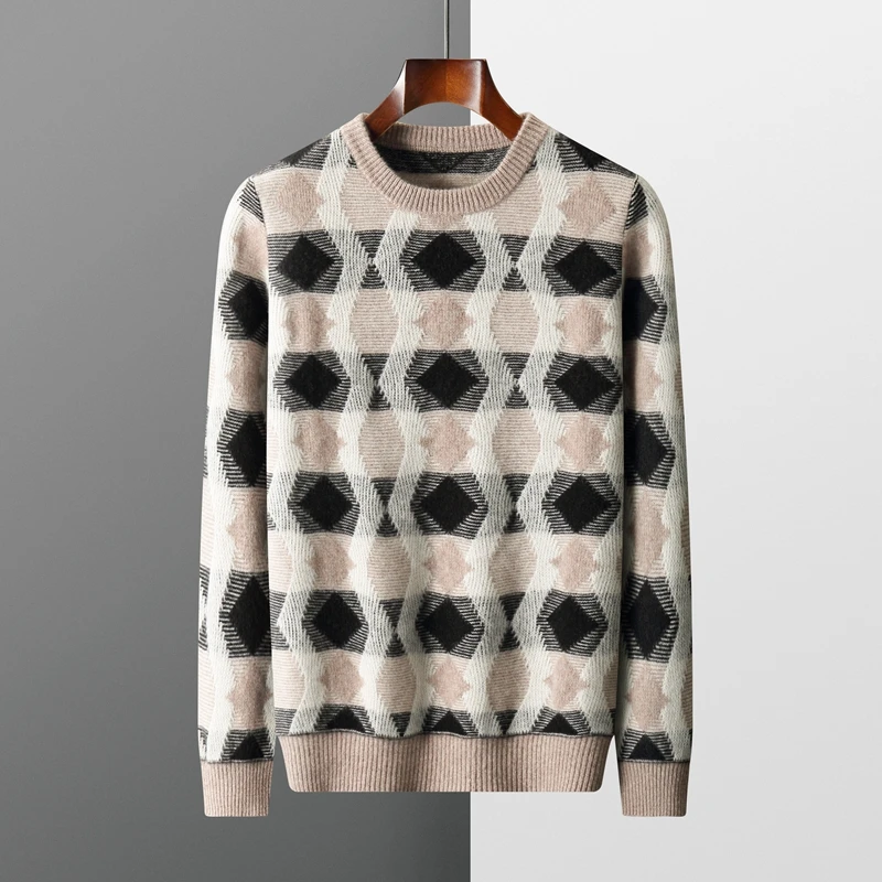 

Knitted Jacquard Contrast Color Cashmere Sweater 100% Merino Wool Men's O-Neck Pullover Casual Loose Thickened Autumn Winter