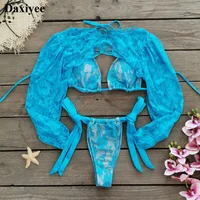 Lace Patchwork Bikinis Micro Thong Swimwear with Long Sleeve Cover Up Side Bandage Beach Bathing Suit Halter String Swimsuits