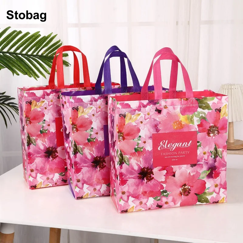 

StoBag 12pcs New Non-woven Gift Tote Bag Flowers Fabric Package Clothes Storage Reusable Pouch Portable Holiday Party Favors