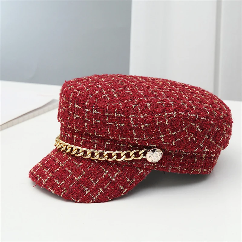Luxury Tweed Design Golden Chain Decoration Army Military Caps Women Newsboy Cap Elegant Thick Plaid Salior Octogonal Hat