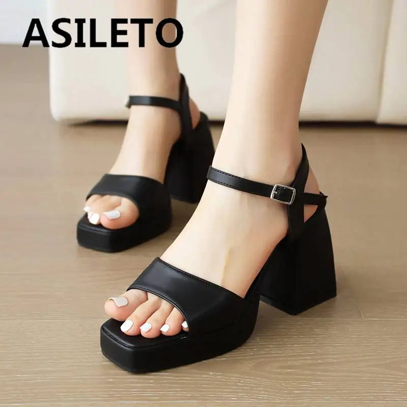 

ASILETO Women Sandals Square Toe Block Heels 9cm Platform 2cm Buckle Strap Concise Daily Soft Female Shoes Plus Size 41 42 43