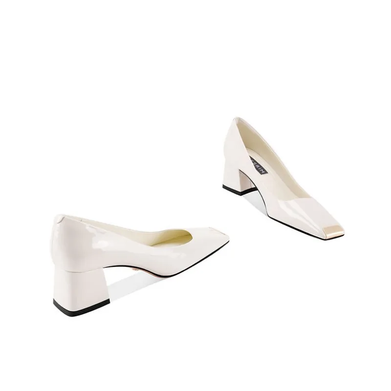 2025 new spring ladies pumps chunky heels leather square head shallow mouth with fashion comfortable commuter work women's shoes 3
