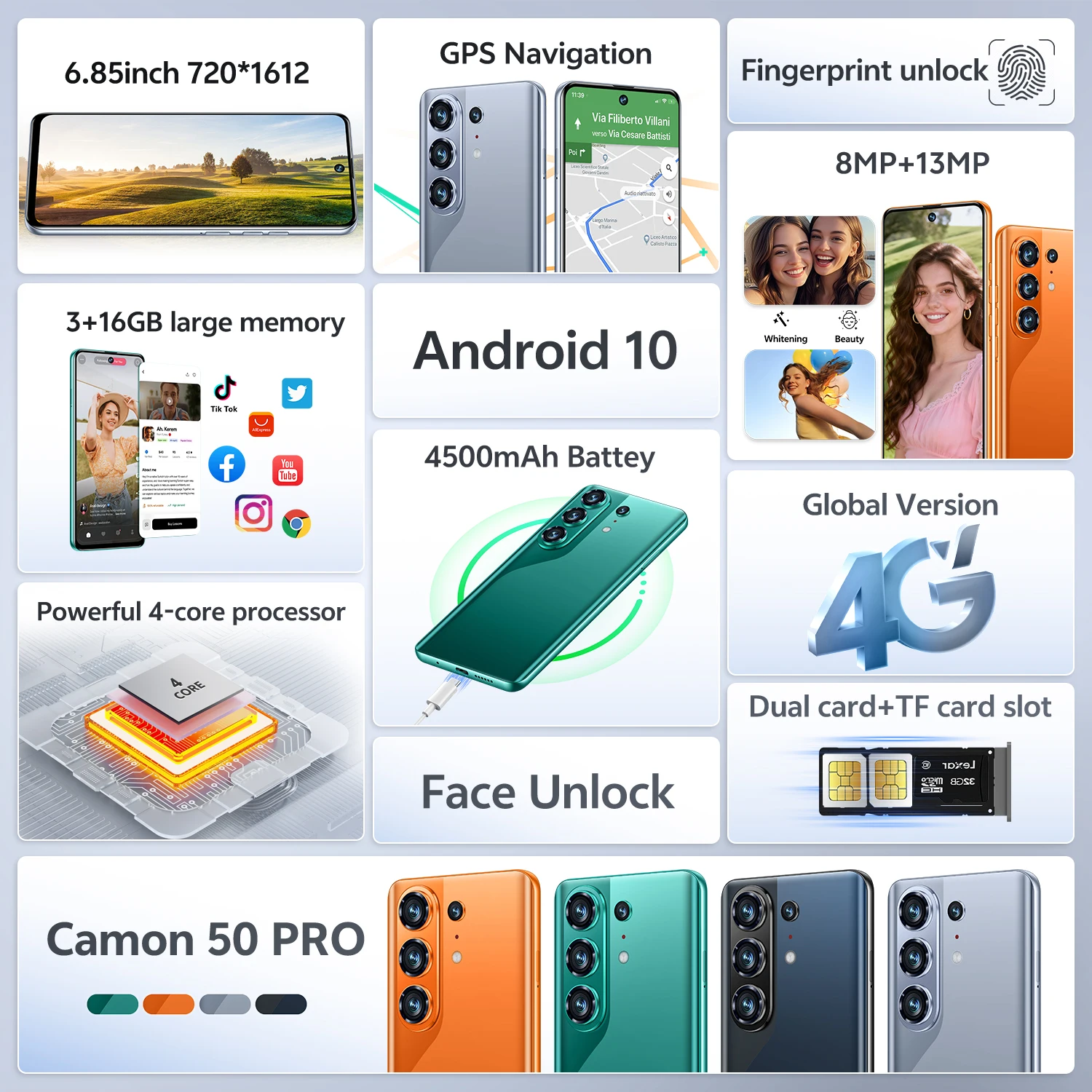 Smartphone IVMI Global Camon50 Pro Android 10.0 3 Go + 16 Go 6,85'' Double SIM GPS Déverrouillage Facial Réseau 4G Écran Courbé Téléphones Mobiles