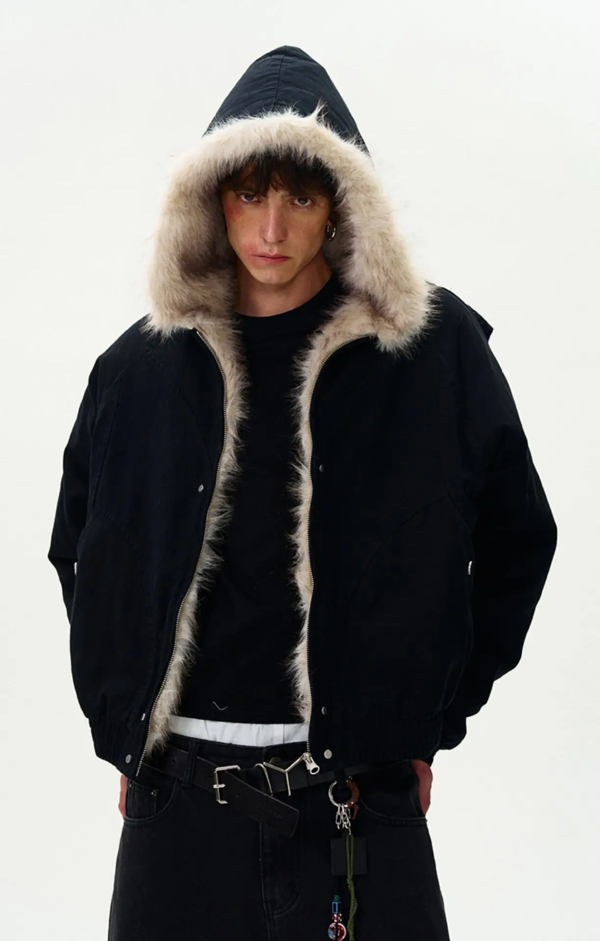 PFNW Patchwork Fur Collar Cotton Jacket Autumn Winter New Men's Hooded Long Sleeved Short Cardigan Coat 28L1106