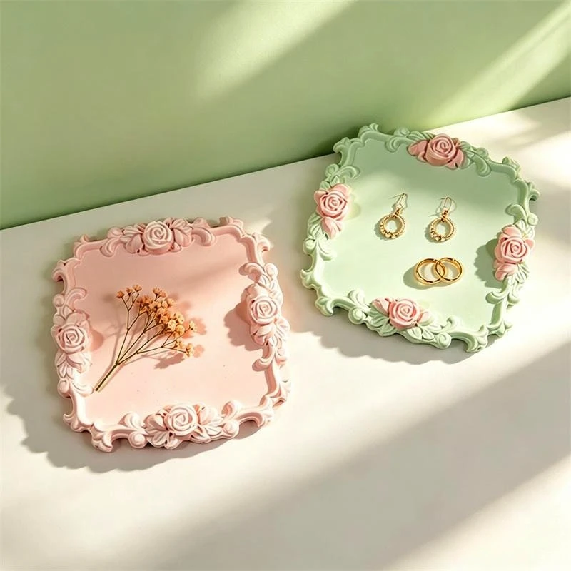 장미꽃 모양 석고 트레이 홈 데코 실리콘 몰드 향기로운 석고 DIY 쥬얼리 보관 트레이 에폭시 레진 몰드