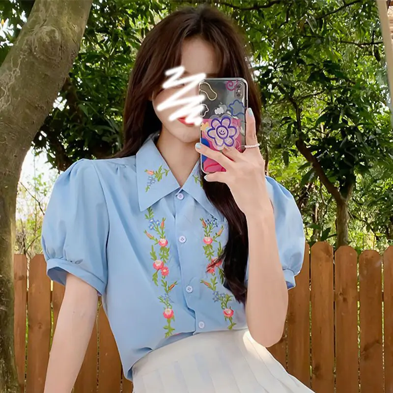 Fashion Women Sweaters 2024 Flower Embroidery Shirt Kawaii Shirt for Women Short Puff Sleeve Top Hawaiian Shirt