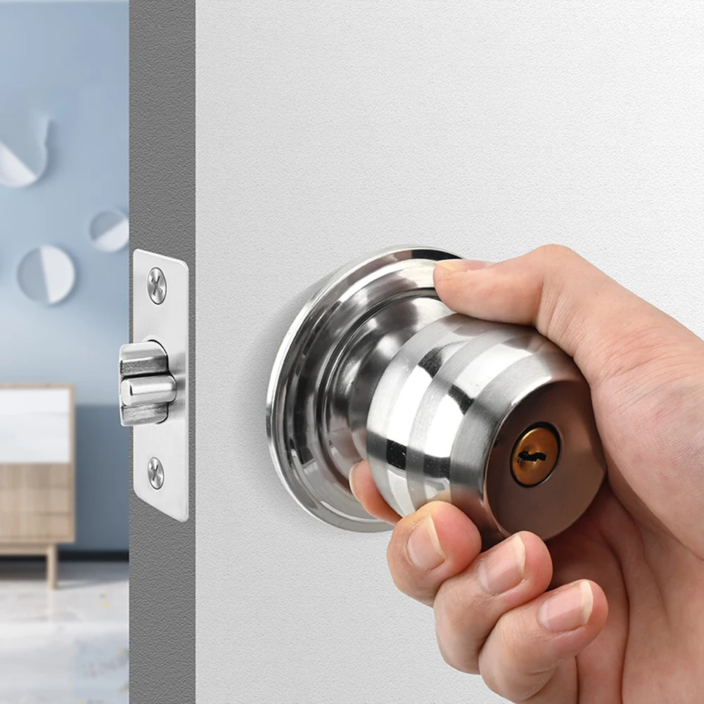 Door Knobs 1set Safety Lock Door Handle Stainless Steel Entrance Round Doorknob Passage Lock with Key For Home Office Hotel