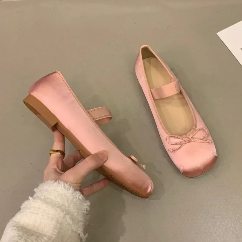 Luxury Satin Silk Ballet Shoes Woman Classic Square Toe Bowtie Elastic Band Ballerina Flats Ladies Soft Loafers women shoes women flats