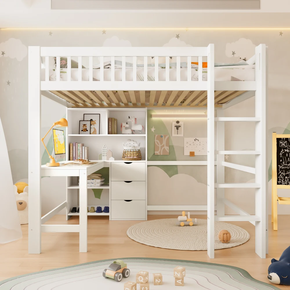 Modernes Hochbett, 90 x 200 cm, Kinderzimmerbett, mehrere Stauraumfächer, Leiter, Schreibtisch, 3 Schubladen, ohne Matratze, weiß – Detail 22