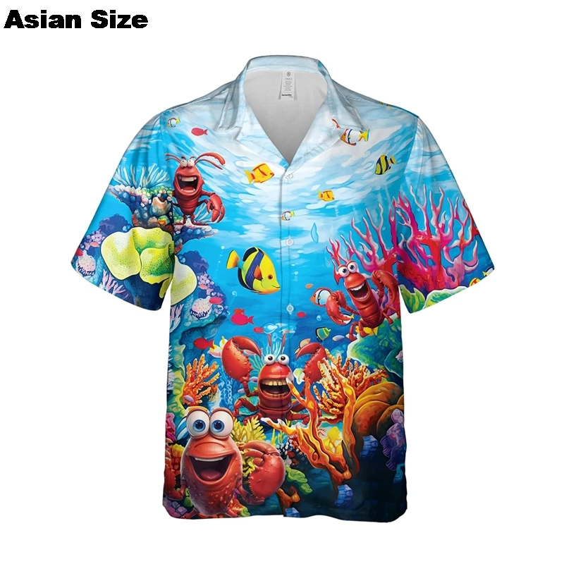 Funny Steamed Lobster Graphic Shirts For Men Clothes Summer Hawaiian Beach Shirt Delicious Seafood Button Down Shirt Man