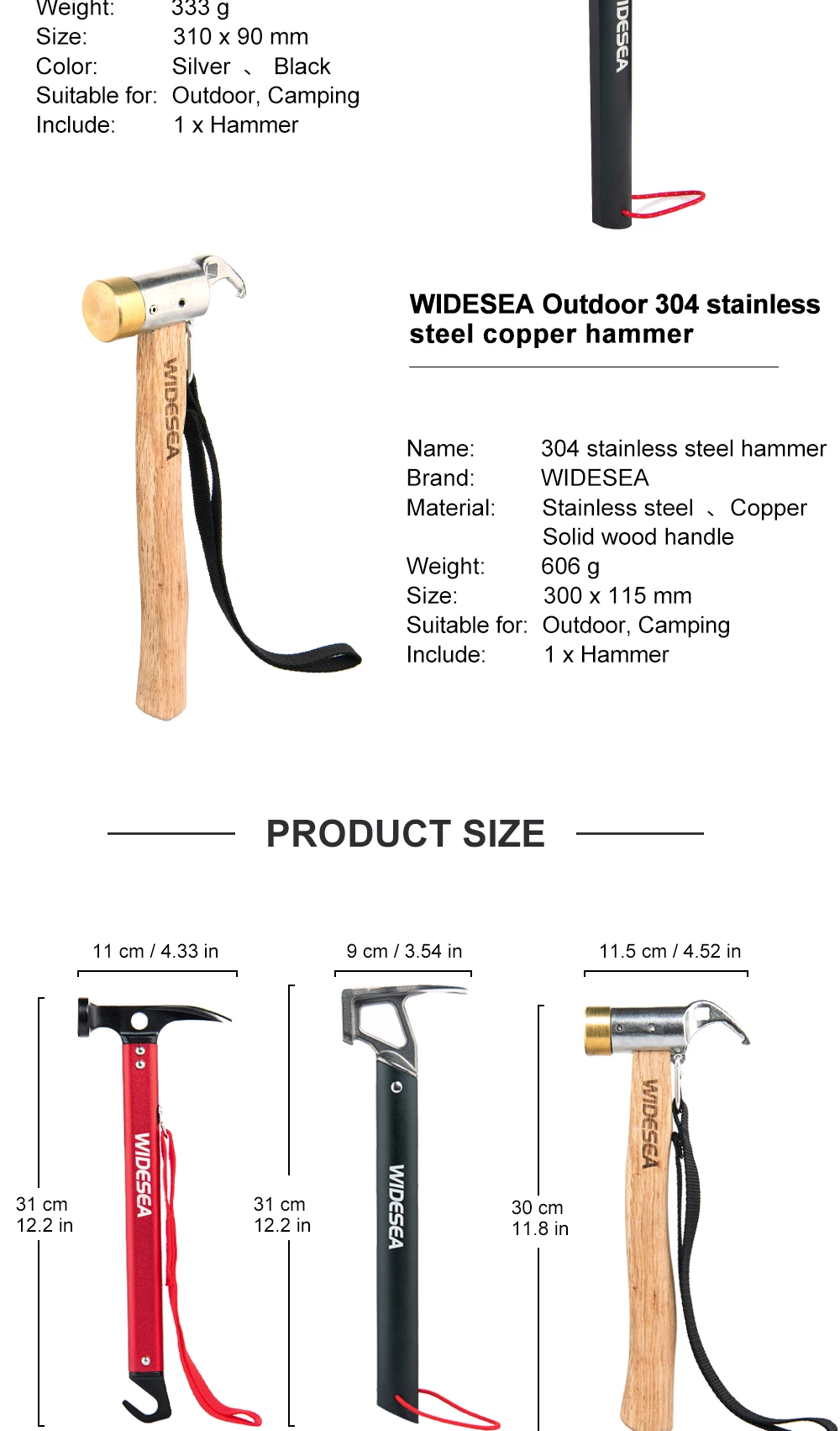 Description Picture 3 of itemWidesea Camping Hammer Stainless Steel Copper Outdoor Tent Peg Stake Mallet with Stake Puller Grond Nail Mountaineering Hiking