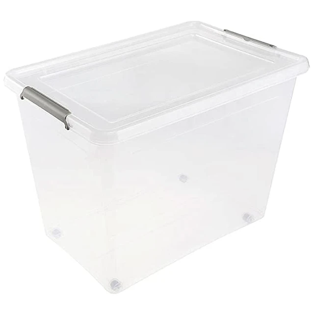 Caja almacenaje con tapa, plástico translúcido, cajón multiusos, ordenación,  almacenamiento de objetos, hogar, 60 litros, 29,7 x