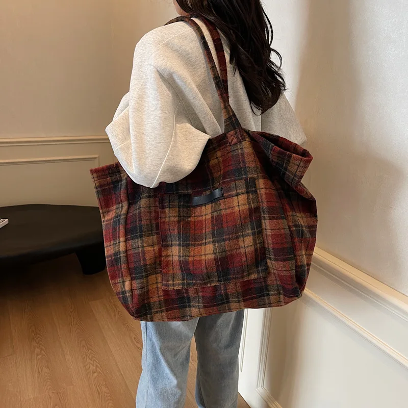 Woolen Plaid Big Bag Women's 2025 New Korean Version Tote Bag College Style Casual Large-capacity Shoulder Bag