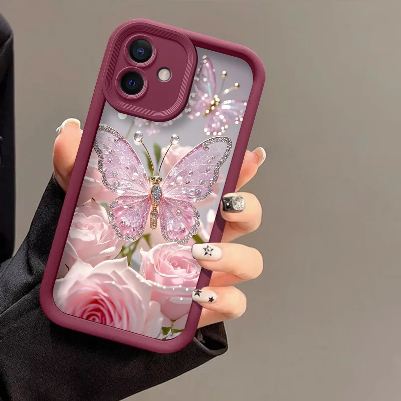 Luxury Romantic Butterfly & Pink Rose Phone Case - Shockproof Soft TPU Bumper Cover