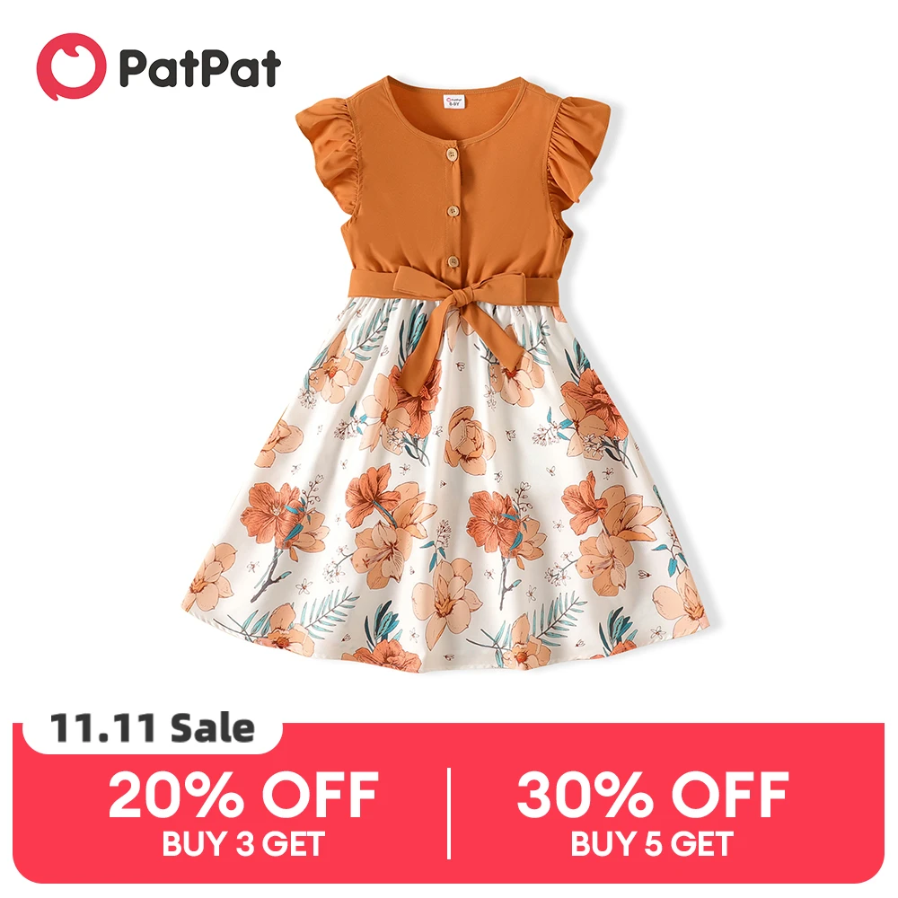 Patpat Kid Girl Ruffled Floral Print Splice Belted Fluttersleeve Dress