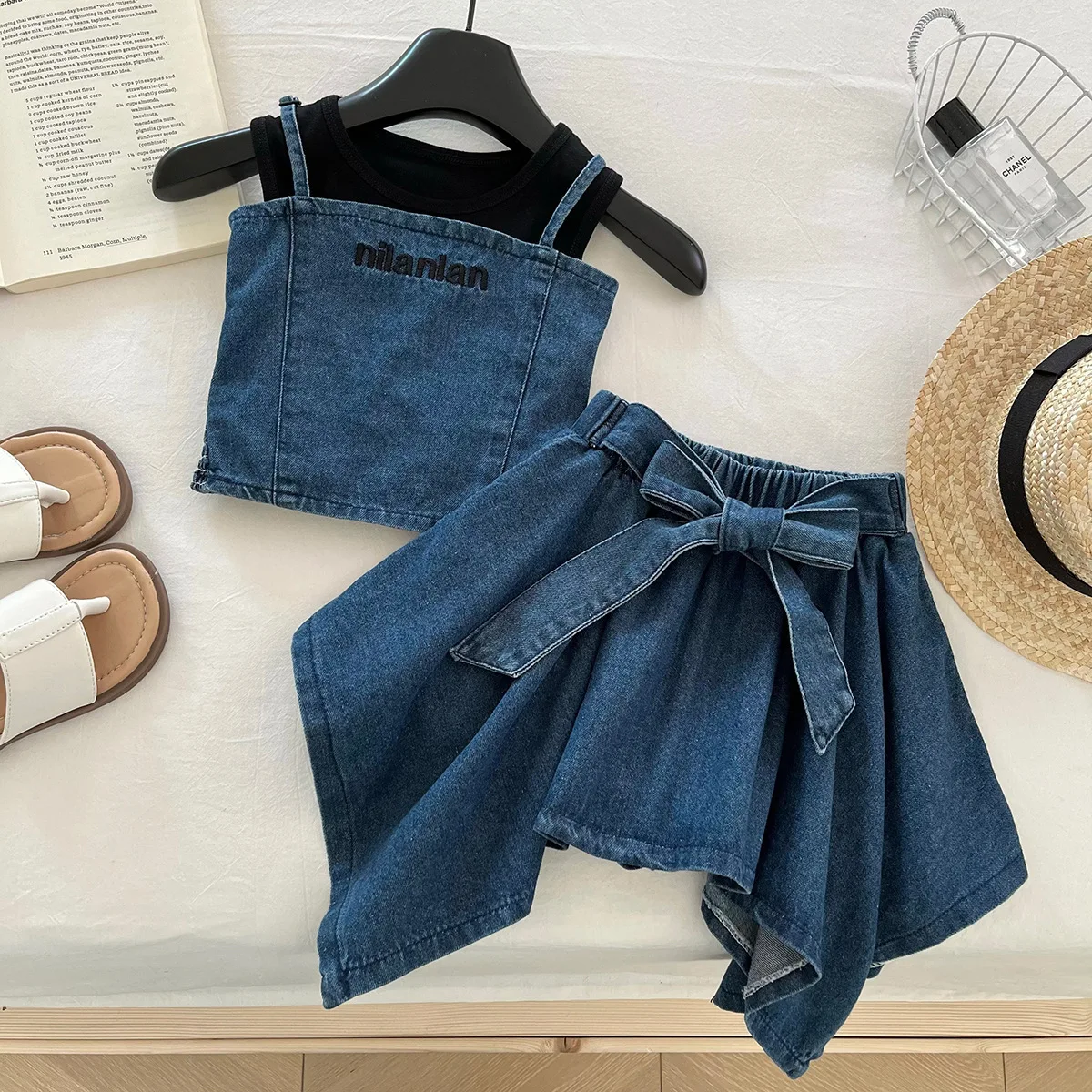 Girls' Clothing Set 2025 Summer New Sleeveless Denim Vest Top, Children's Denim Short Skirt Summer Three Piece Set - 2