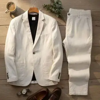 Completo Uomo Primavera-Estate in Cotone e Lino, Set Due Pezzi: Blazer + Pantaloni, Abbigliamento Casual Business Leggero e Traspirante
