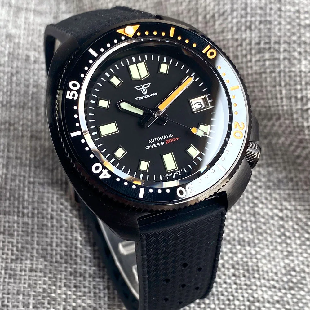 20ATM Tandorio 44mm Black PVD NH35A Movement Auto Mechanical Luxury Mens Watch Sapphire Glass Lume Date C3 Hands Rubber Strap