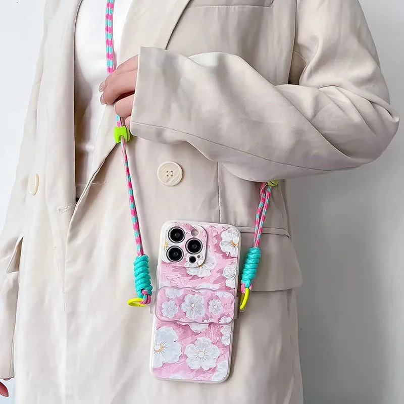 Cute Flower Love Heart Crossbody Phone Case with Back Clip Lanyard and Chain Strap