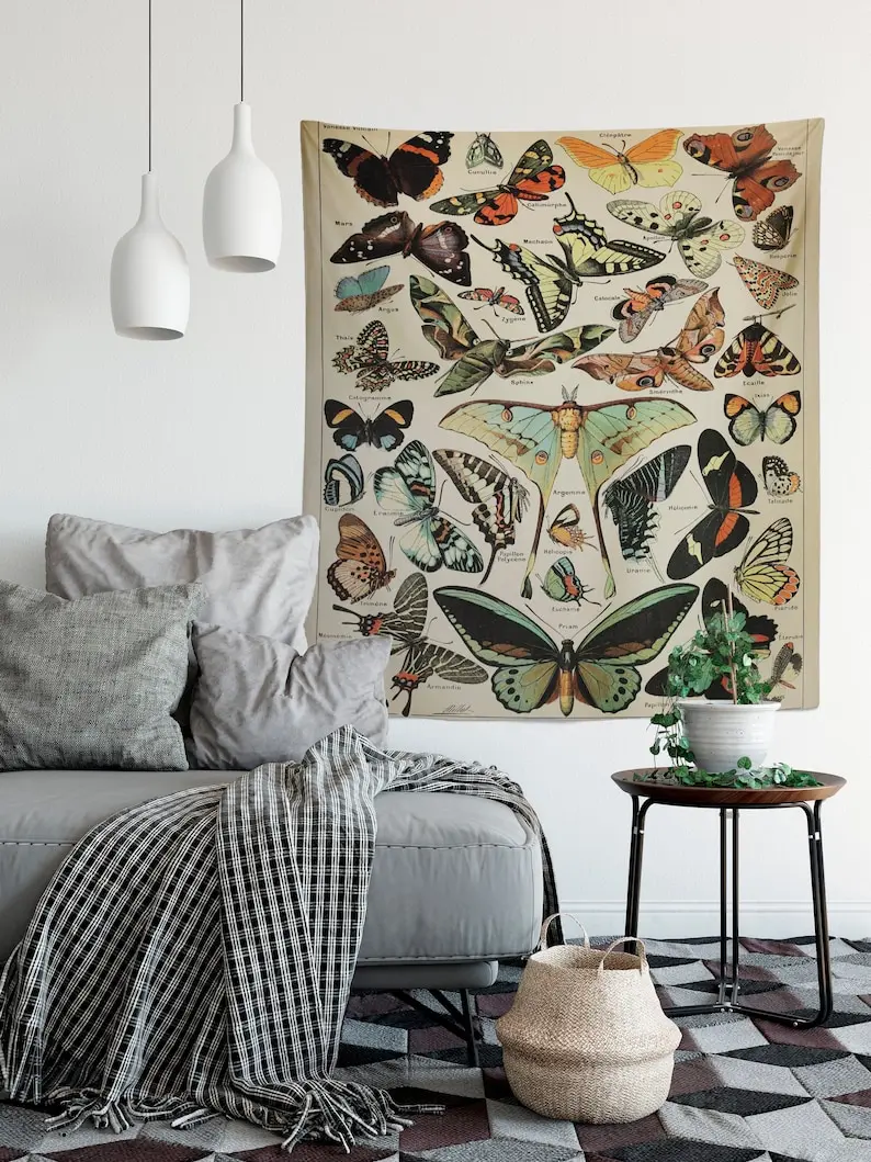 Alphonse Millot vintage butterfly tapestry wall hanging butterfly specimen art