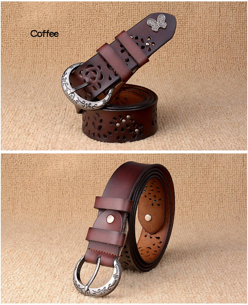 Women Belt Genuine Leather Bow Luxury Strap Female Hollow Out Rivet Belts For Women Pin Buckle Good Quality Cintos Masculinos