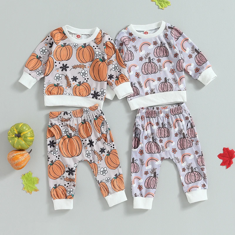 

2023-06-29 Lioraitiin 0-24M Toddler Girls Boys Fall Outfits Pumpkin Print Long Sleeve Sweatshirts Long Pant Halloween Clothes