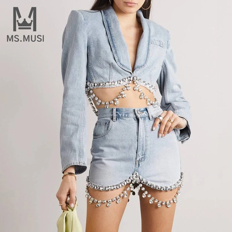 

Новинка 2023, Модный женский сексуальный костюм MSMUSI из двух предметов, облегающий Топ с длинным рукавом и мини-юбка из джинсовой ткани с кристаллами и кисточками
