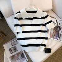New Striped Pattern Collared Sweater Versatile Short Sleeve Knitted Top For Spring & Summer Women's Clothing Crop Top 2