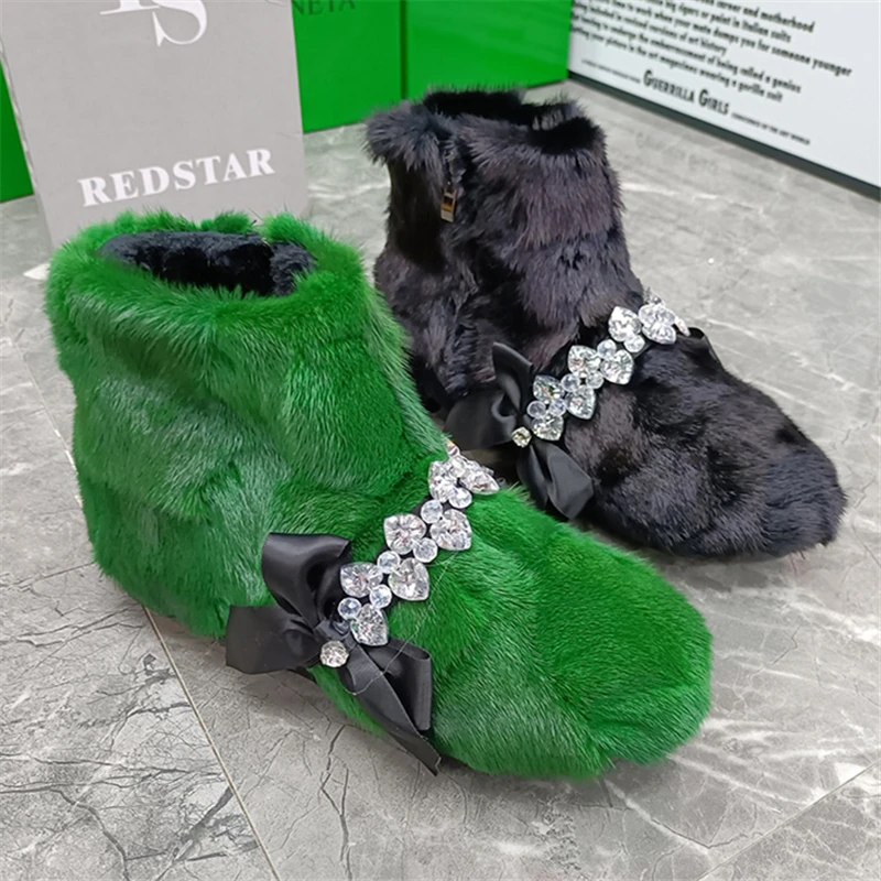 

Crystal Bowknot Botines Mujer Mink Fur Snow Boots Thick Sole Platform Shoes Green Skidproof Flats Winter Warm Furry Botas Black