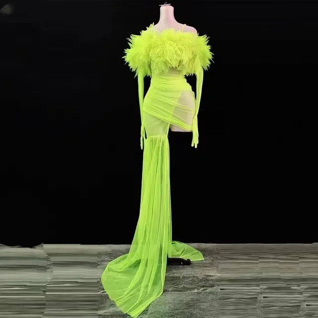 

New Sexy Perspective Mesh Short Dress Sling Tube Top Women Dress With Gloves Party Club Stage Performance Costume