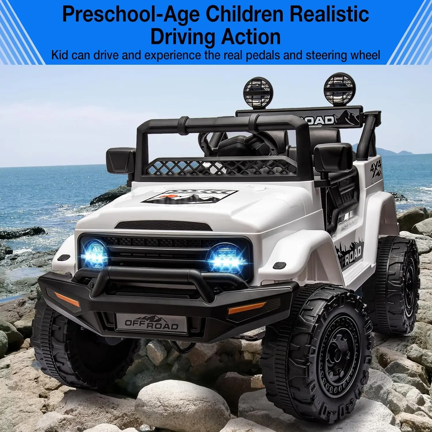 Electric Car For Kids, 12V Ride On Truck Car with Remote Control Spring Suspension, LED Lights, Music, 3 Speeds, Vehicle Toy