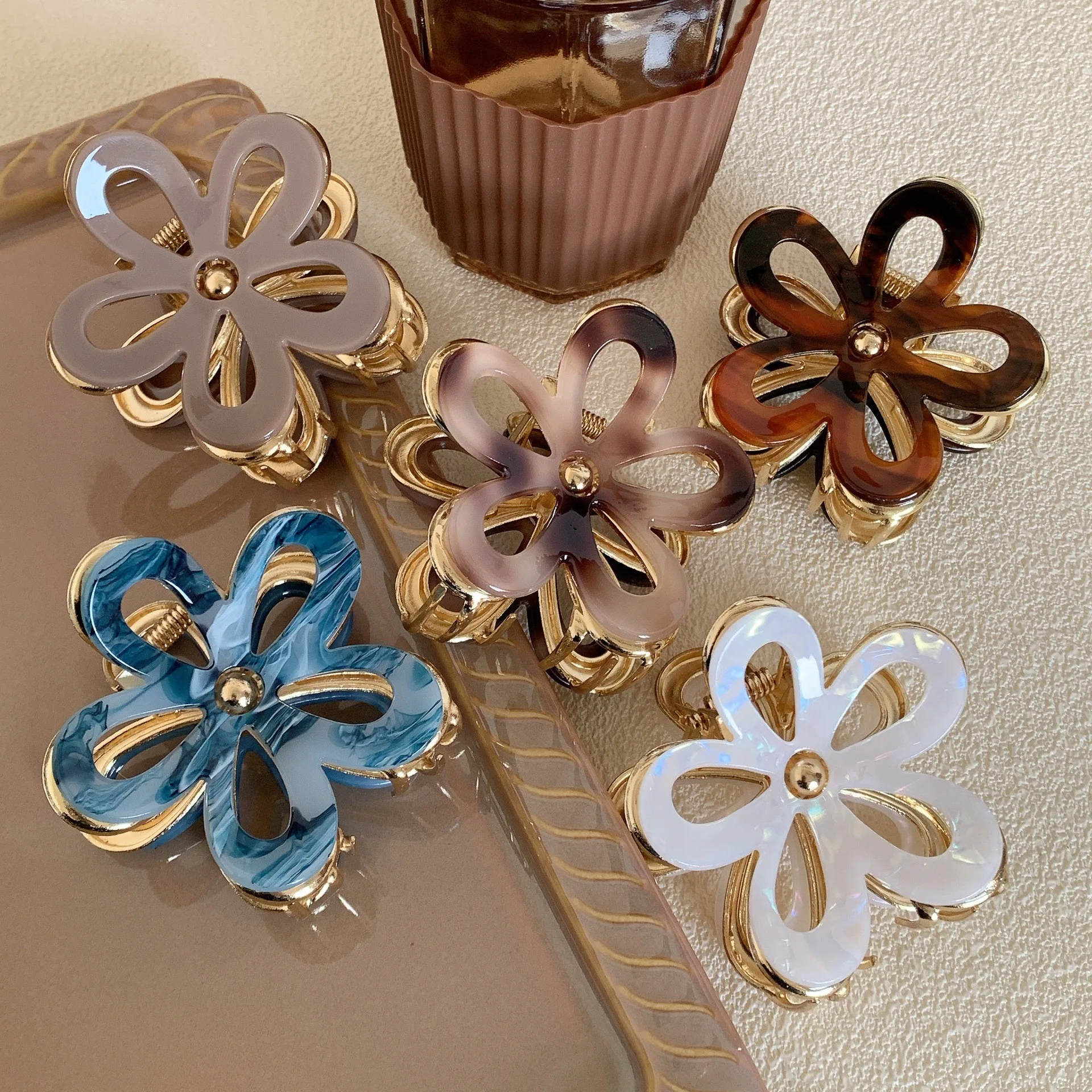 

YHJ New Large Alloy Flowers Hair Claw French Style Crabs Hair Claw Clip Hair Accessories for Women Girls