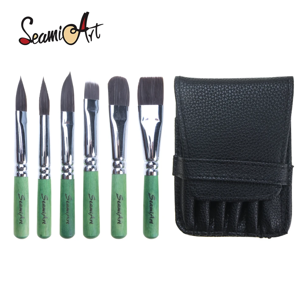 SeamiArt 6개/세트 짧은 손잡이 나일론 헤어 여행용 브러쉬(가죽 가방 포함) 구아슈 수채화 아티스트 브러쉬(미술용품용)