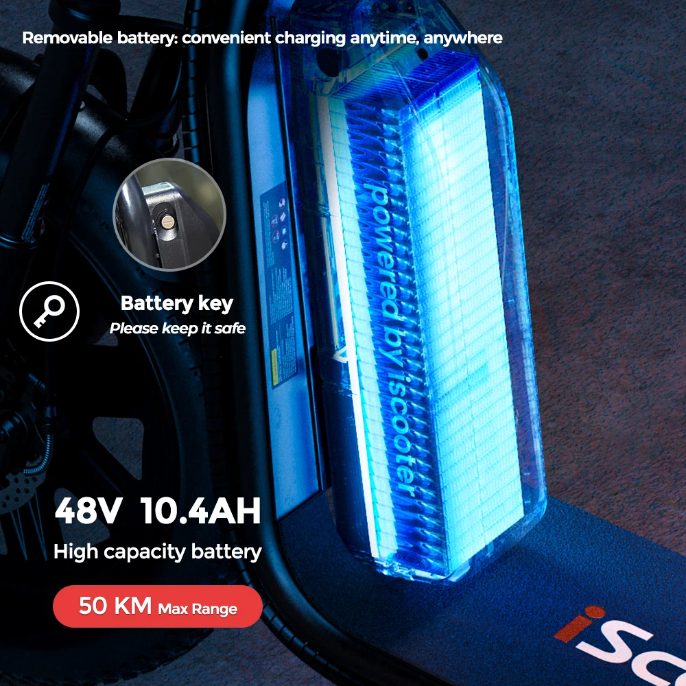 Monopattino Elettrico iScooter F7 con Motore da 1000W, Pneumatici Gonfiabili Fat da 16x3.0", 48V 10.4Ah, 45km/h, con Sedile, Cestino e Freno a Disco, Nero - immagine 5