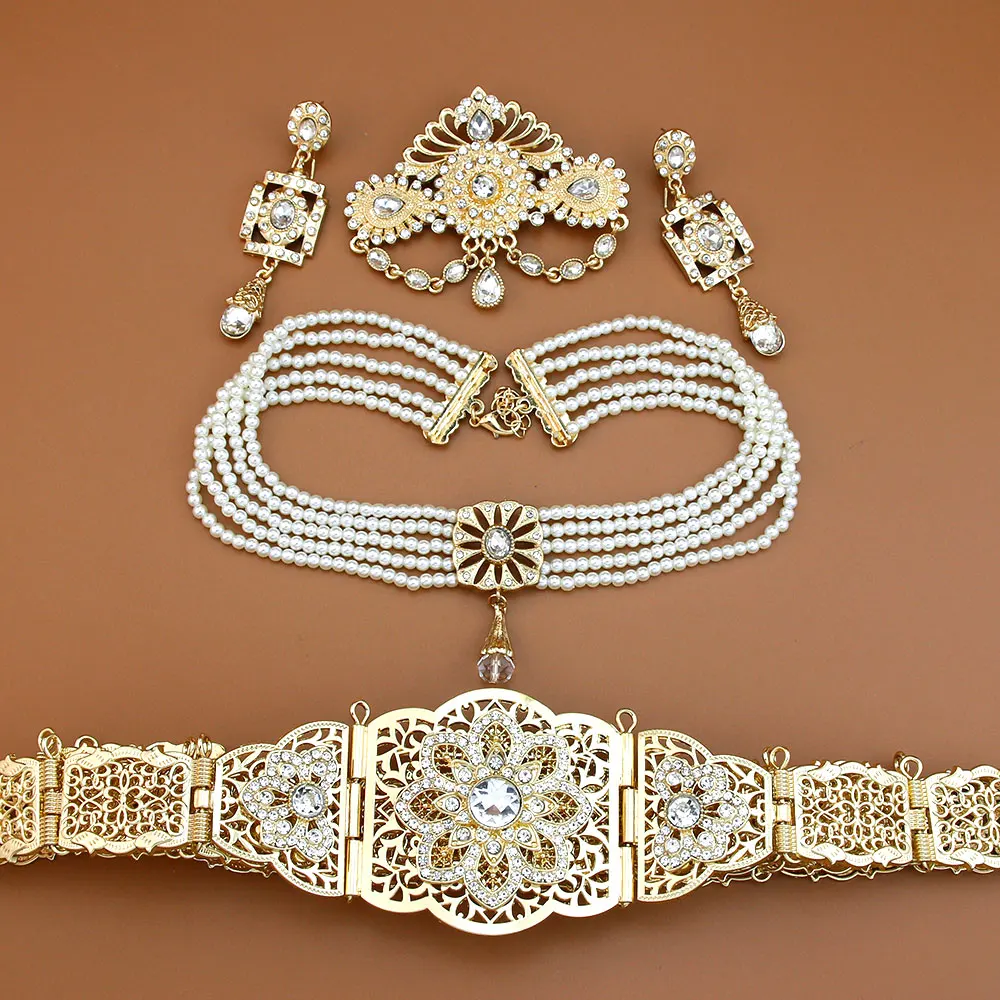 Sunspicems Arabic Bride Jewelry Sets For Women Gold Color Bead Pearl Choker Necklace Caftan Waist Belt Earring Morocco Brooch