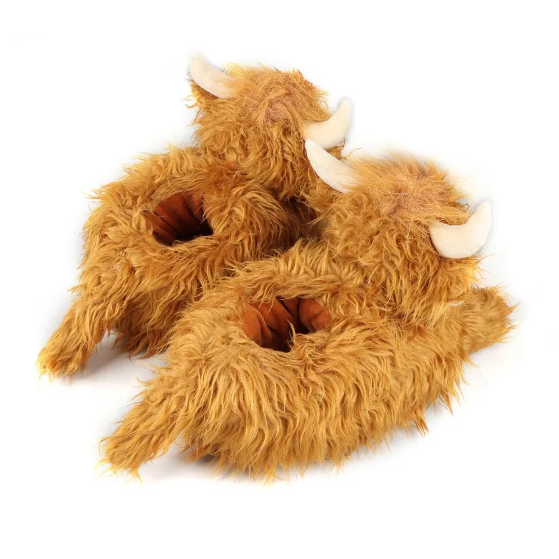 Winter Highland Cow Slippers Fluffy Highland Cattle Plush Slipper Soft Warm Home Indoor Cute Cartoon Furry Slides for Women Men — view 3