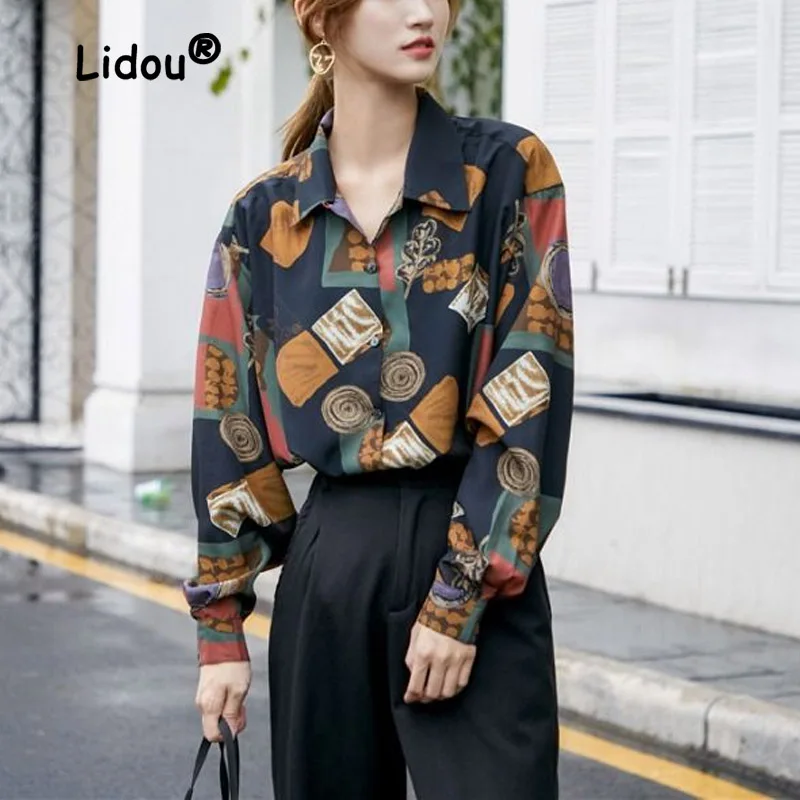 Vintage Hong Kong Breeze Loose Printing Blouse Women New Spring Autumn Classic Long Sleeve Polo Collar All-match Lady Shirt 2023 vintage hong kong style polo neck bubble sleeve plaid shirt summer clothes versatile fashion turn down collar button blouse