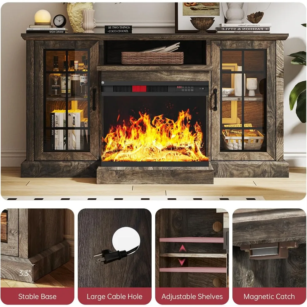 59'' Fireplace TV Stand, 3 Sided Glass Media Entertainment Center Console Table Glass Door Adjustable Flame LED Color, TV Stand 4