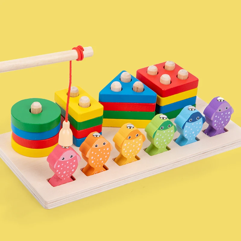 2 in 1 Montessori Baby Developmental Toys Shape Sorting Puzzle and Fishing Game Wooden Educational Toys for Children 3 4 5 Years 3