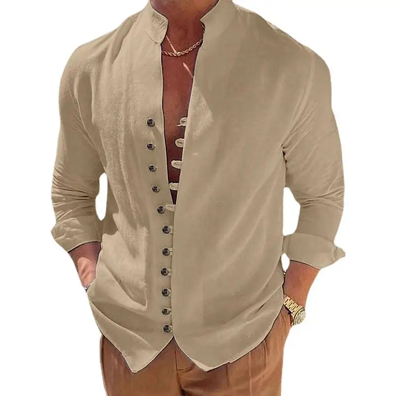Independent Station Foreign Trade Men's Casual Cotton and Linen Solid Stand-up Collar Shirts for Men in Stock