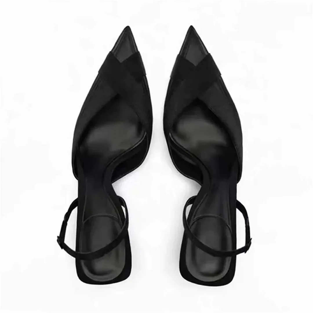 Point Head Kitten Heel Slingbacks Pumps For Women French Style Black Closed Head Mid-Heel Sandals Summer Sexy Cross Satins Shoes 2