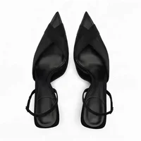 Point Head Kitten Heel Slingbacks Pumps For Women French Style Black Closed Head Mid-Heel Sandals Summer Sexy Cross Satins Shoes 2