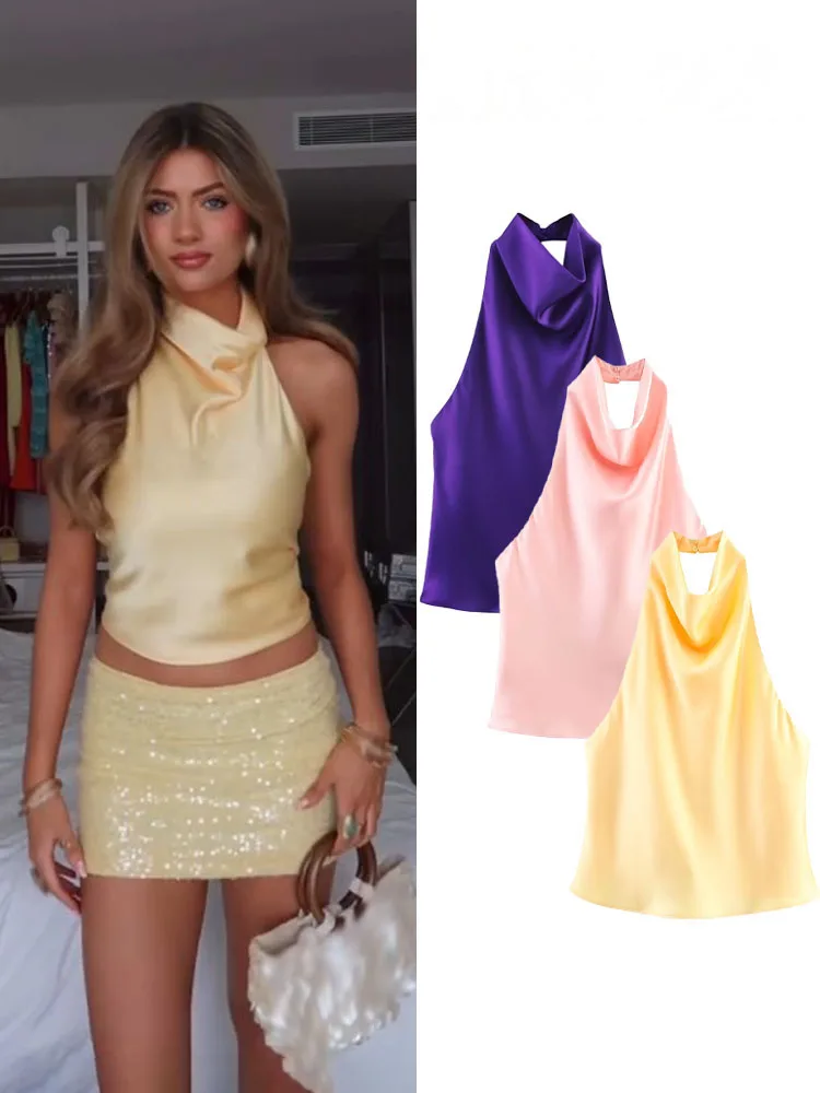 HH Women's Summer New Fashion Chic Short Tops Solid Sleeveless Backless Decorate Buttons Female Sexy Slim Tops 5 Color