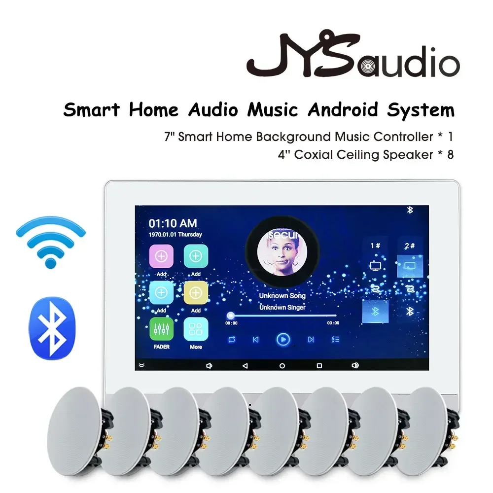 Smart Home Theater Sound System WiFi Bluetooth Wall Amplifier 7 inch Touch Android Amp with 4 inch HiFi Stereo Ceiling Speakers